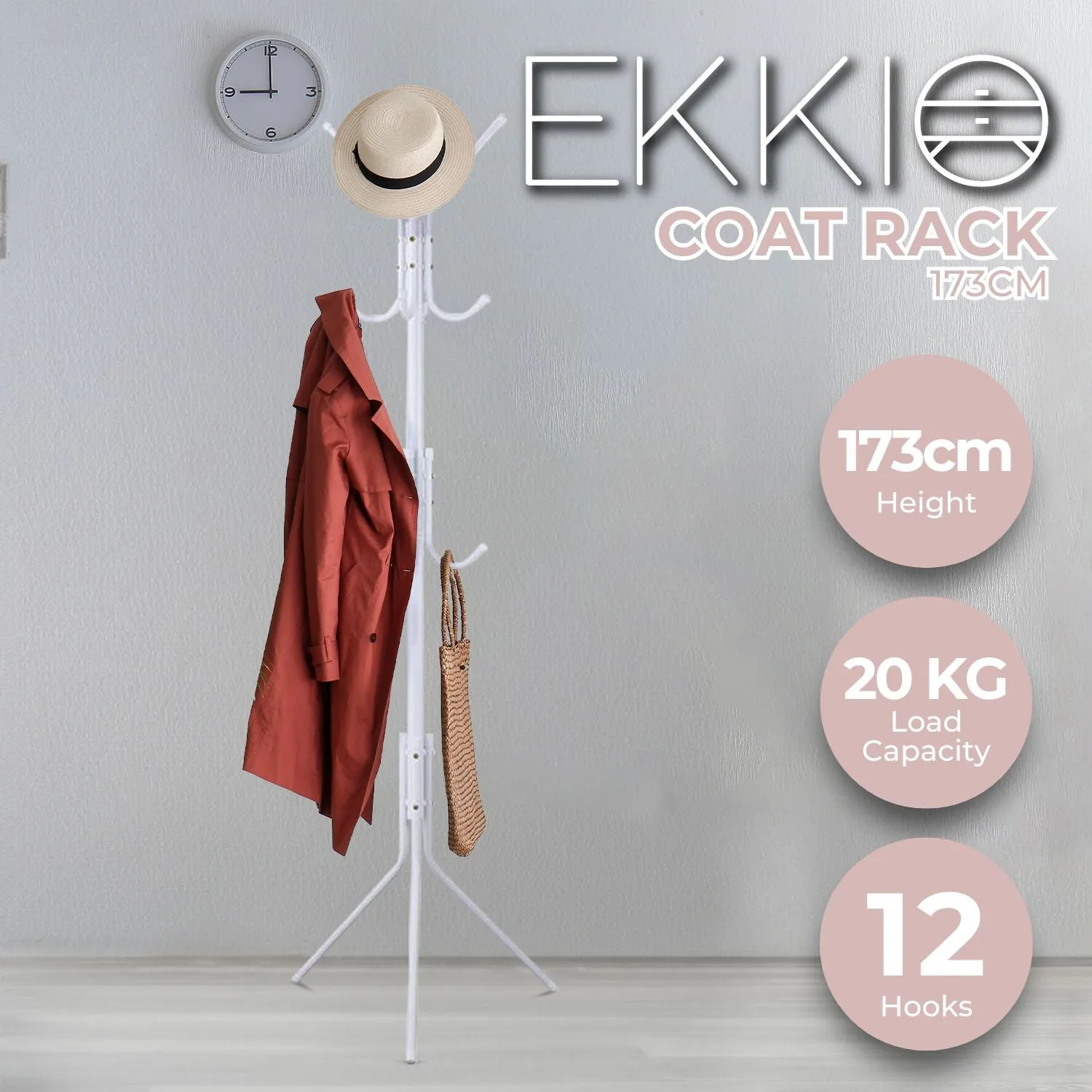 12 Hook Metal Coat Rack Stand w/ 3-Tier Hat Hanger - Ekkio