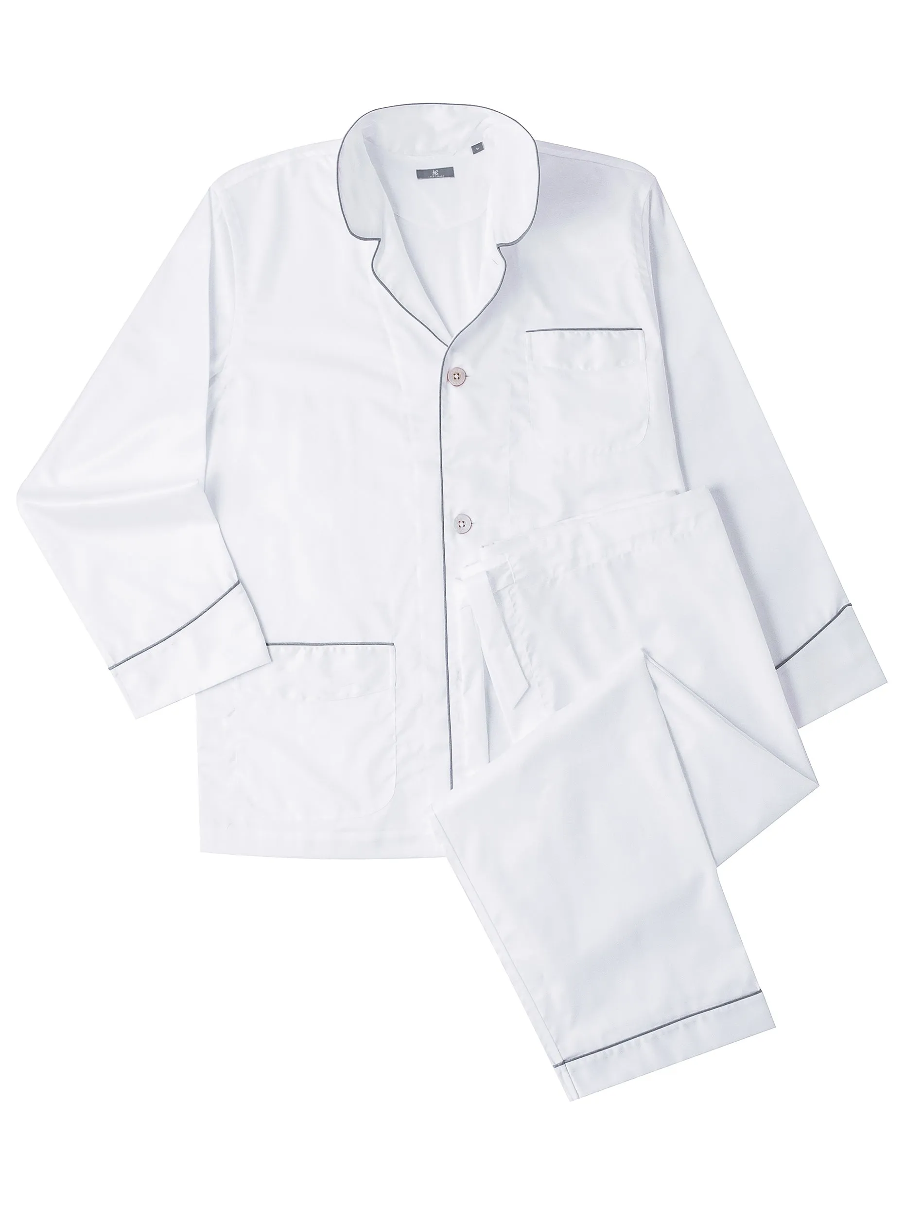 120s Cotton Twill White with Gray Piping Pajamas