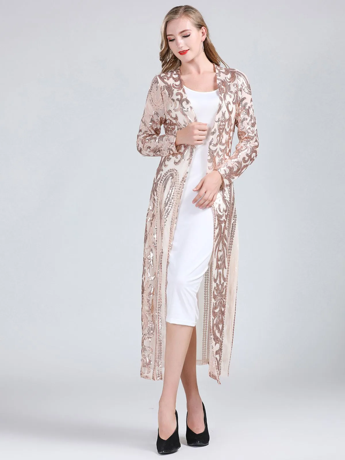 1920s Embroidered Long Sheer Sequin Cardigan