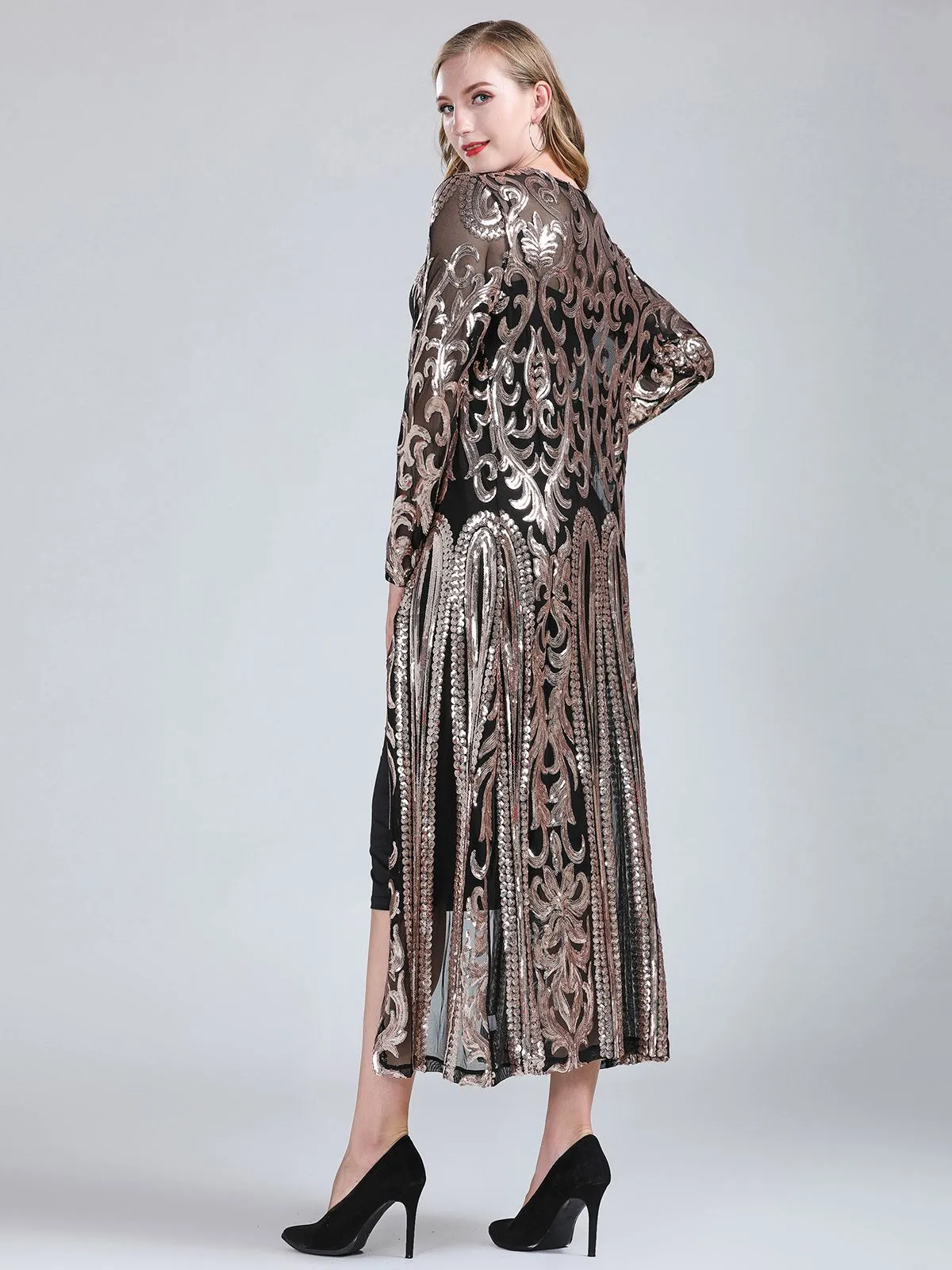 1920s Embroidered Long Sheer Sequin Cardigan