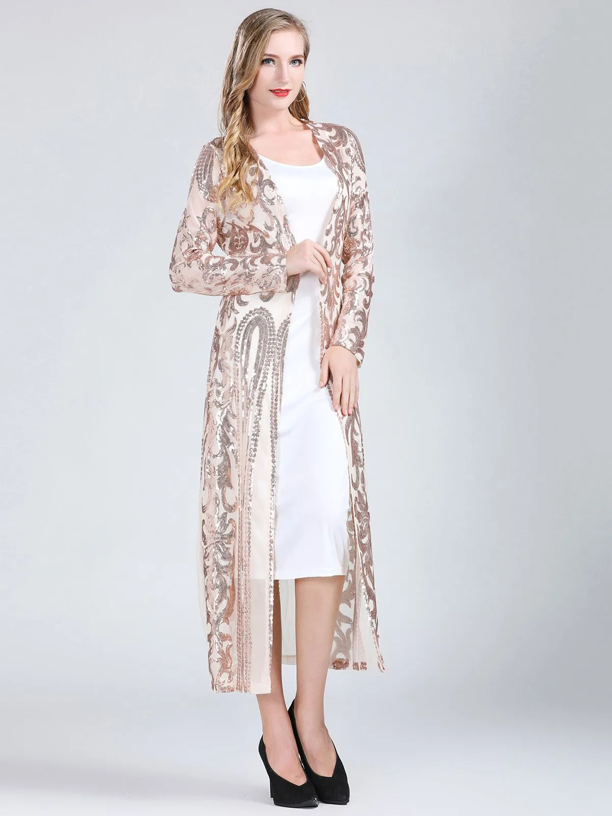 1920s Embroidered Long Sheer Sequin Cardigan