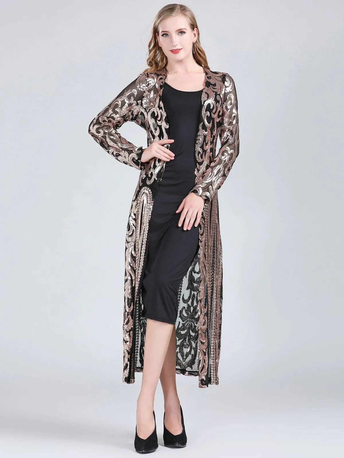 1920s Embroidered Long Sheer Sequin Cardigan