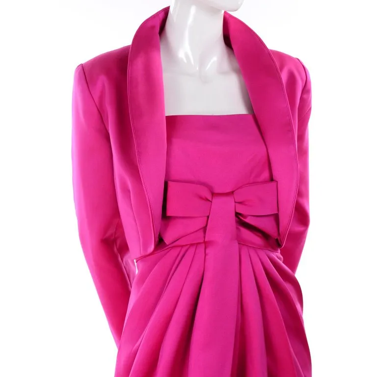 1980's Victor Costa Shocking Pink Strapless Dress W/ Cropped Bolero Jacket