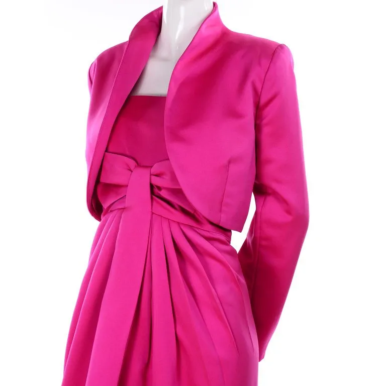 1980's Victor Costa Shocking Pink Strapless Dress W/ Cropped Bolero Jacket