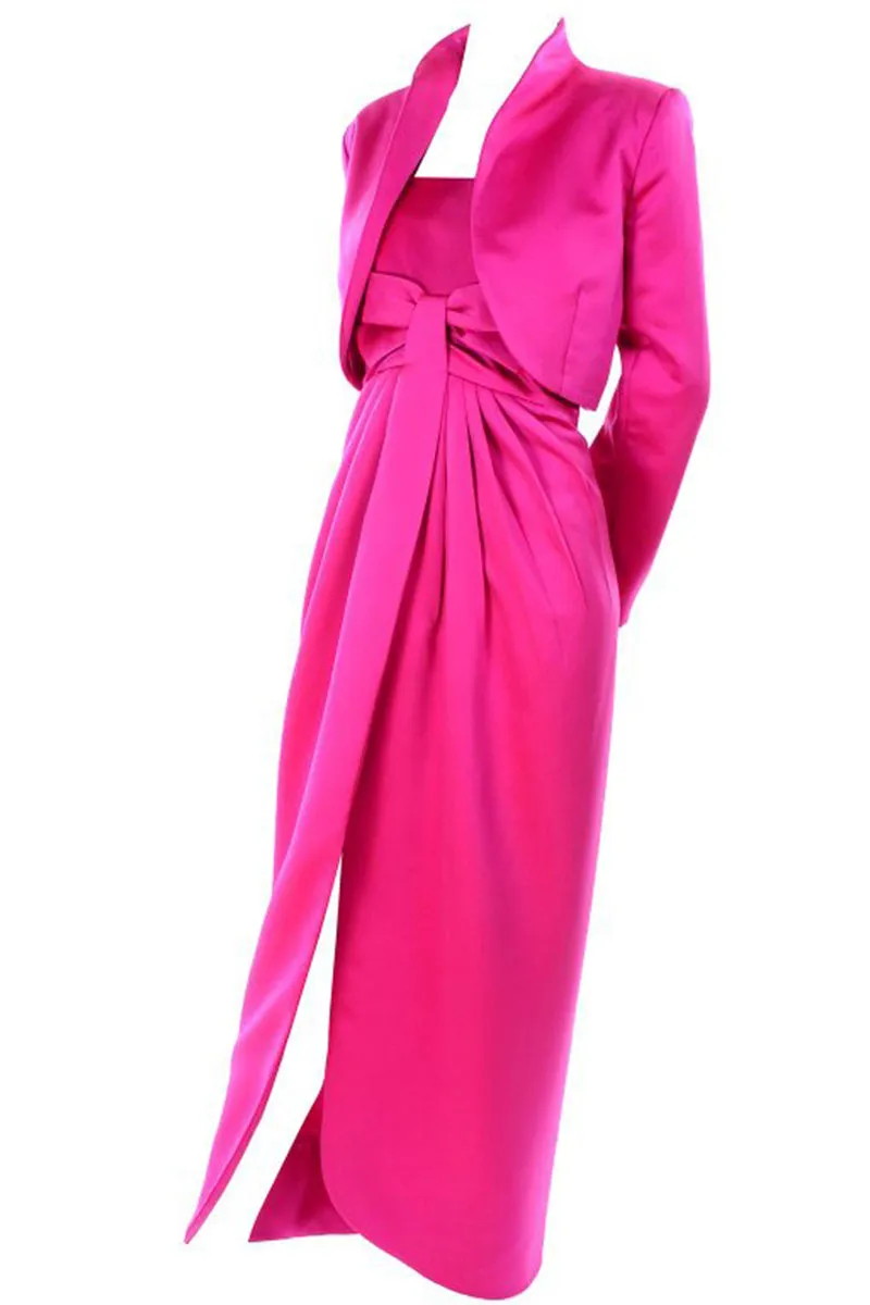 1980's Victor Costa Shocking Pink Strapless Dress W/ Cropped Bolero Jacket