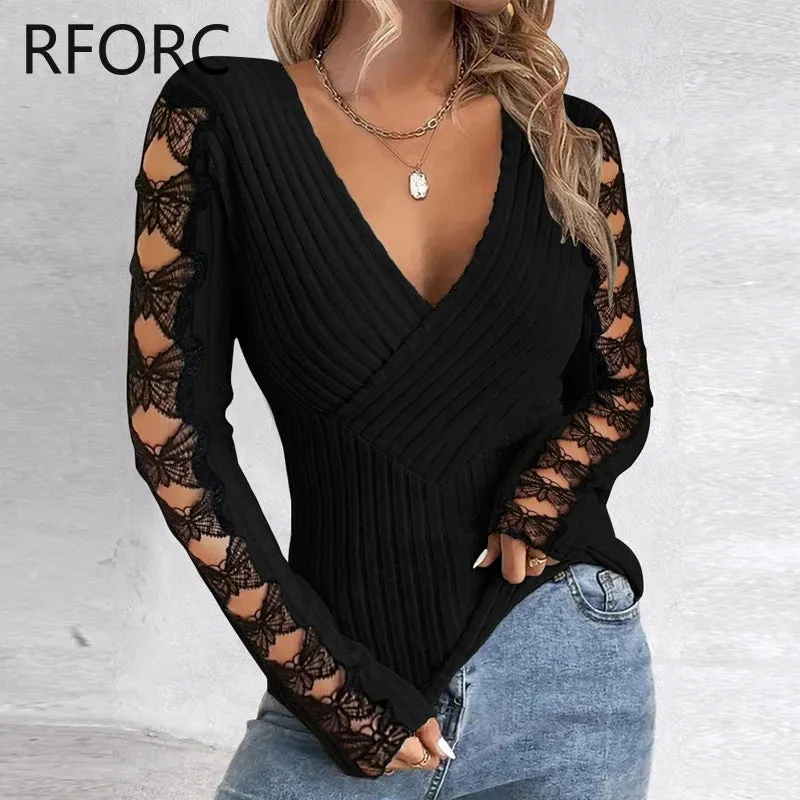 2024 Women’s Deep V-Neck Wrap Top – Black Knit Blouse with Lace Bow and Hollow Out Design