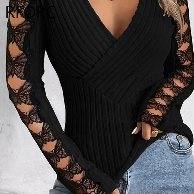 2024 Women’s Deep V-Neck Wrap Top – Black Knit Blouse with Lace Bow and Hollow Out Design