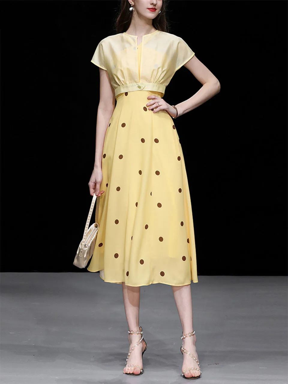 2PS Yellow 1950S Vintage Classic Coat And Spaghetti Strap Polka Dots Dress Suit