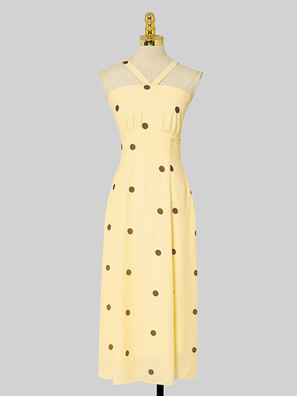 2PS Yellow 1950S Vintage Classic Coat And Spaghetti Strap Polka Dots Dress Suit