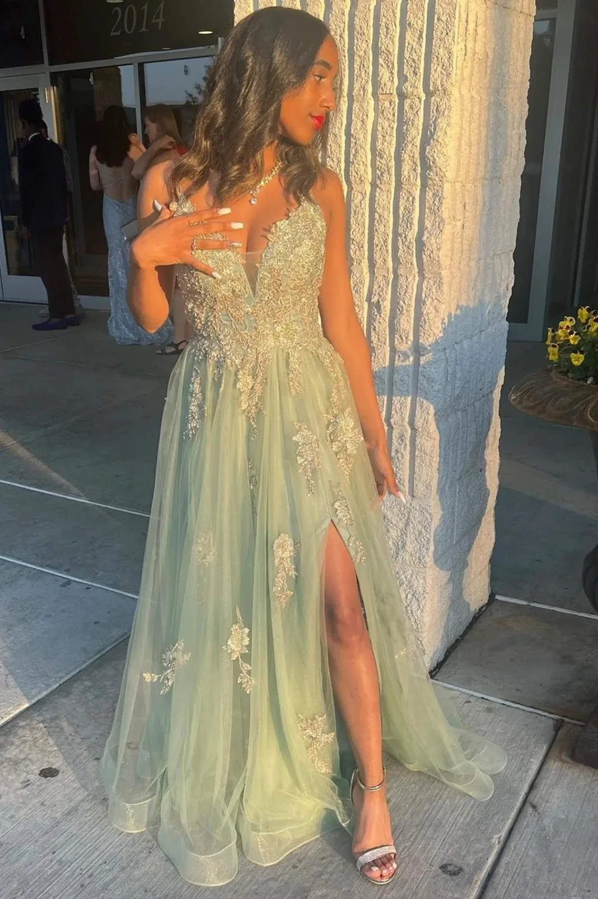 A-line Green Tulle with Lace Applique Party Dress, Green Tulle Prom Dress