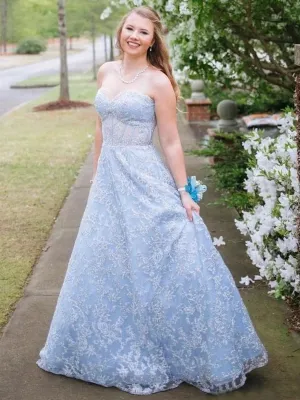 A Line Sweetheart Neck Strapless Light Blue Lace Long Prom, Light Blue Lace Formal Graduation Evening