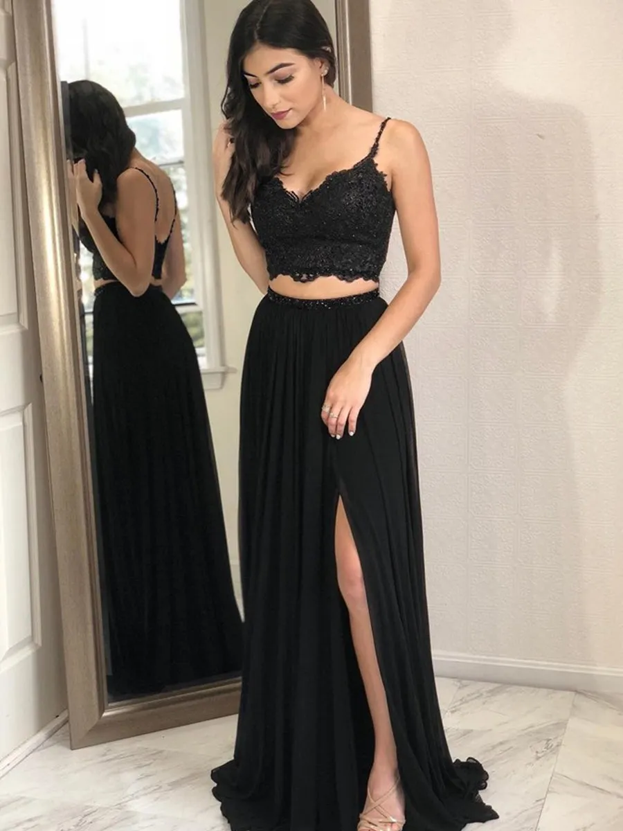 A Line Two Pieces Lace Black Long Prom with Slit, Two Pieces Black Formal, Lace Black Evening