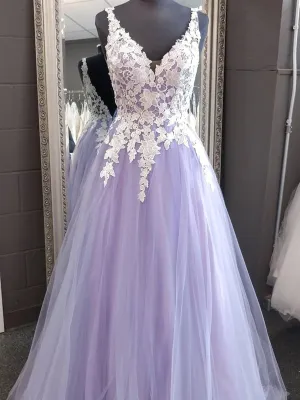 A Line V Neck Backless Lace Purple Long Prom, Purple Lace Formal Graduation Evening