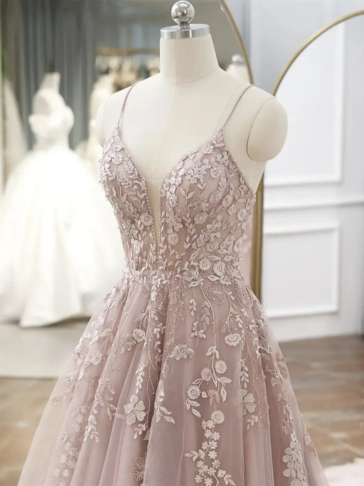 A Line V Neck Backless Pink Lace Floral Long Prom Dresses, Pink Lace Formal Graduation Evening Dresses SP2114