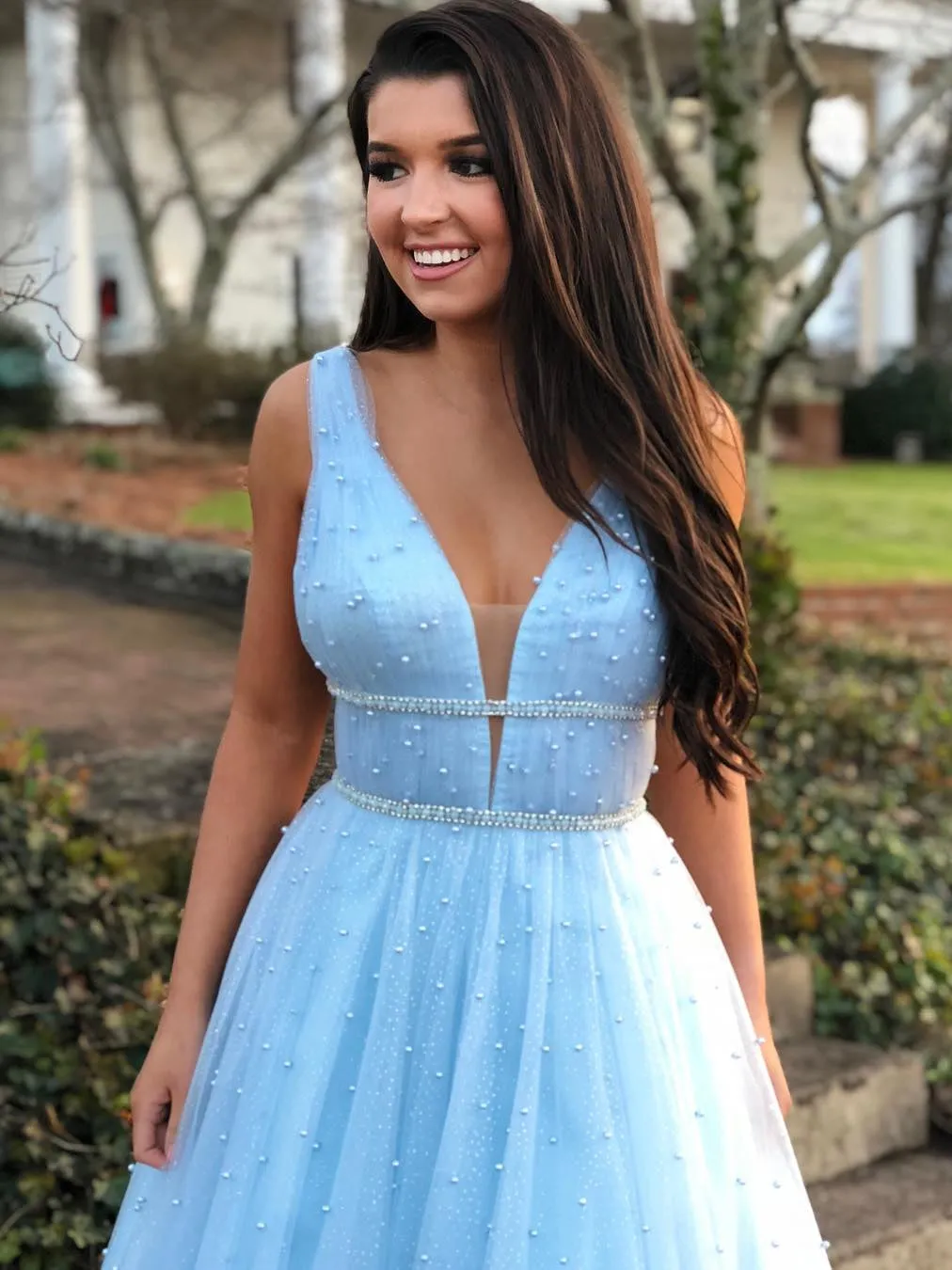 A Line V Neck Beading Light Blue Long Prom with Beaded Belt, Blue Formal, Evening