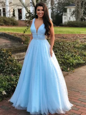 A Line V Neck Beading Light Blue Long Prom with Beaded Belt, Blue Formal, Evening