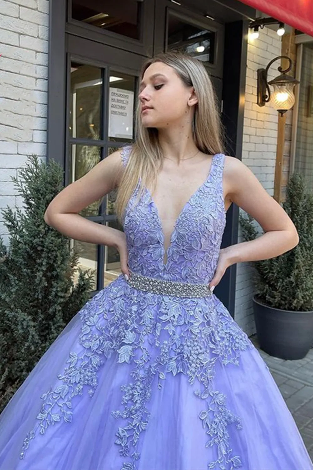 A Line V Neck Open Back Purple Lace Long Prom Dress, Backless Lilac Lace Formal Dress, Purple Lace Evening Dress