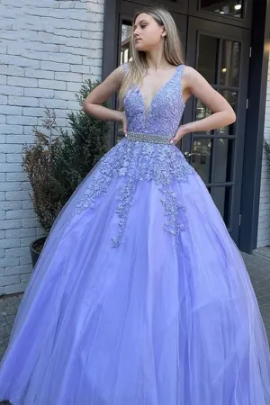 A Line V Neck Open Back Purple Lace Long Prom Dress, Backless Lilac Lace Formal Dress, Purple Lace Evening Dress