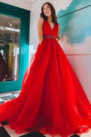 A Line V Neck Red/Blue/Orange Long Prom Dress with Beaded Belt, Long Red/Blue/Orange Formal Graduation Evening Dress A1839