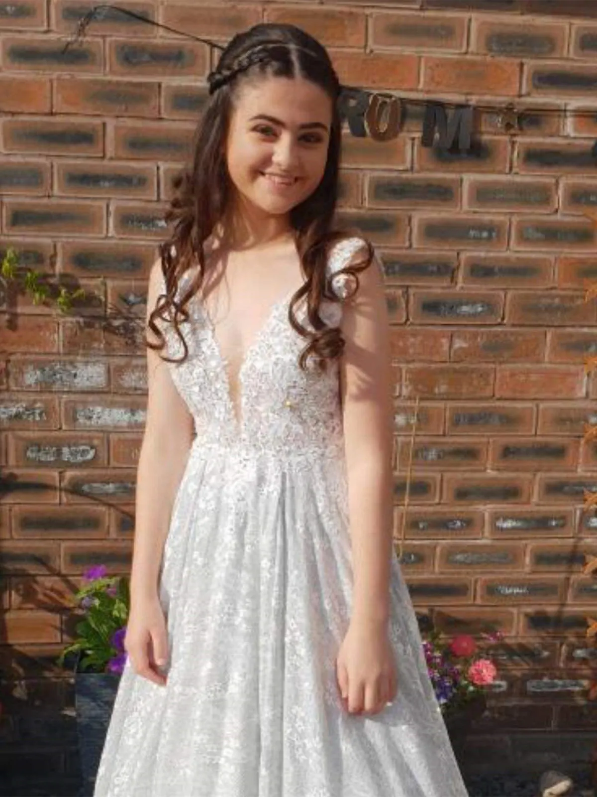 A Line V Neck White Lace Long Prom Dresses, White Lace Formal Dresses, White Evening Dresses