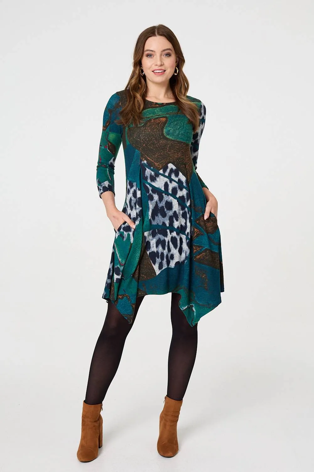 Abstract Hanky Hem 3/4 Sleeve Midi Dress