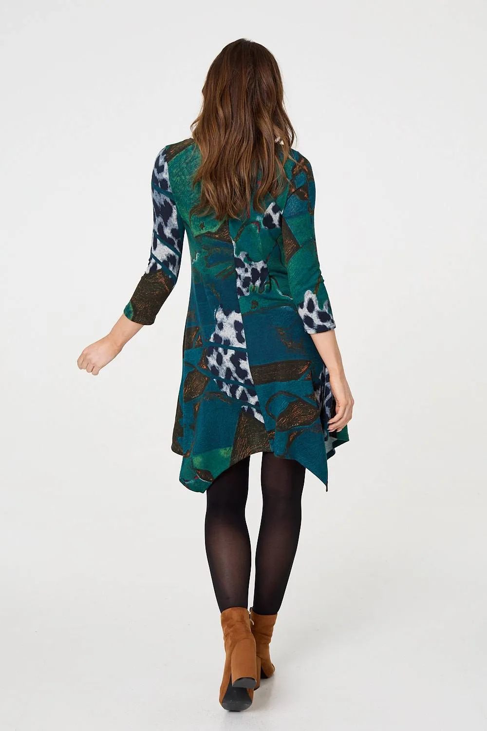 Abstract Hanky Hem 3/4 Sleeve Midi Dress