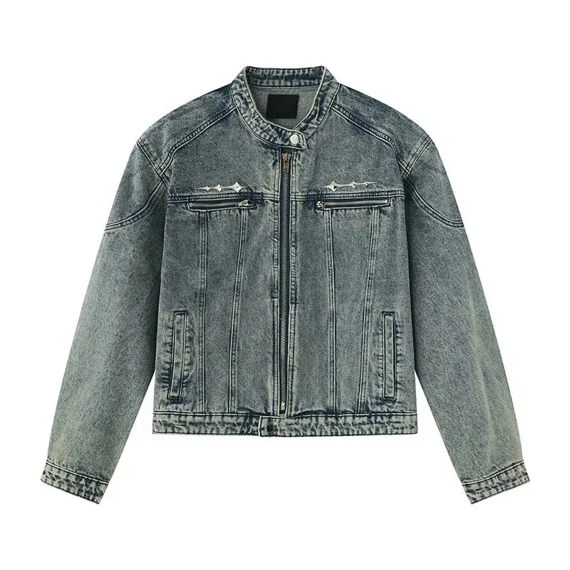 Aidase Distressed Denim Jacket Men Women Vintage Washed Cropped Cowboy Coat High-street Panelled Zip-up Casual Tops Spring Unisex Coats