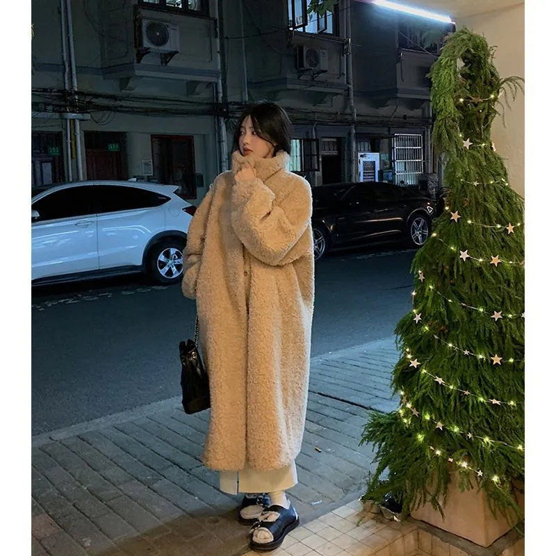 Aiertu simple winter outfits Maillard Small Teddy Wool Stand Collar Coat Long Cashmere Lamb Fur Coat Thickened Loose