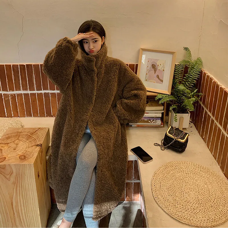 Aiertu simple winter outfits Maillard Small Teddy Wool Stand Collar Coat Long Cashmere Lamb Fur Coat Thickened Loose