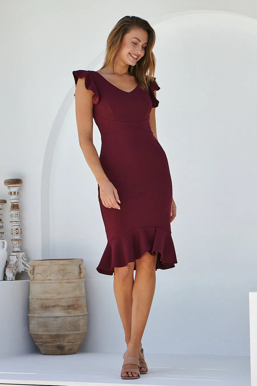 Alessi Burgundy Frill Evening Dress