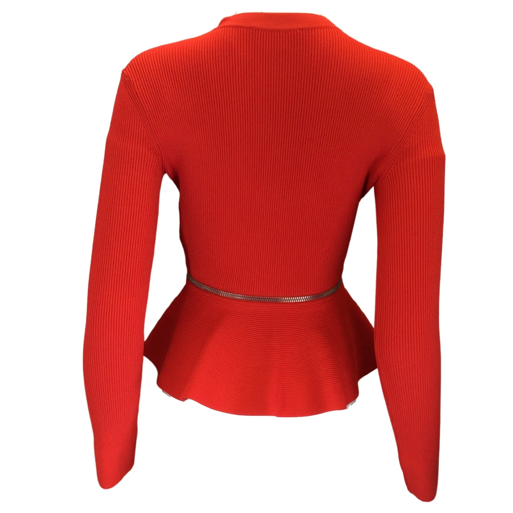 Alexander McQueen Red / Silver Zipper Detail Peplum Hem Cardigan Sweater