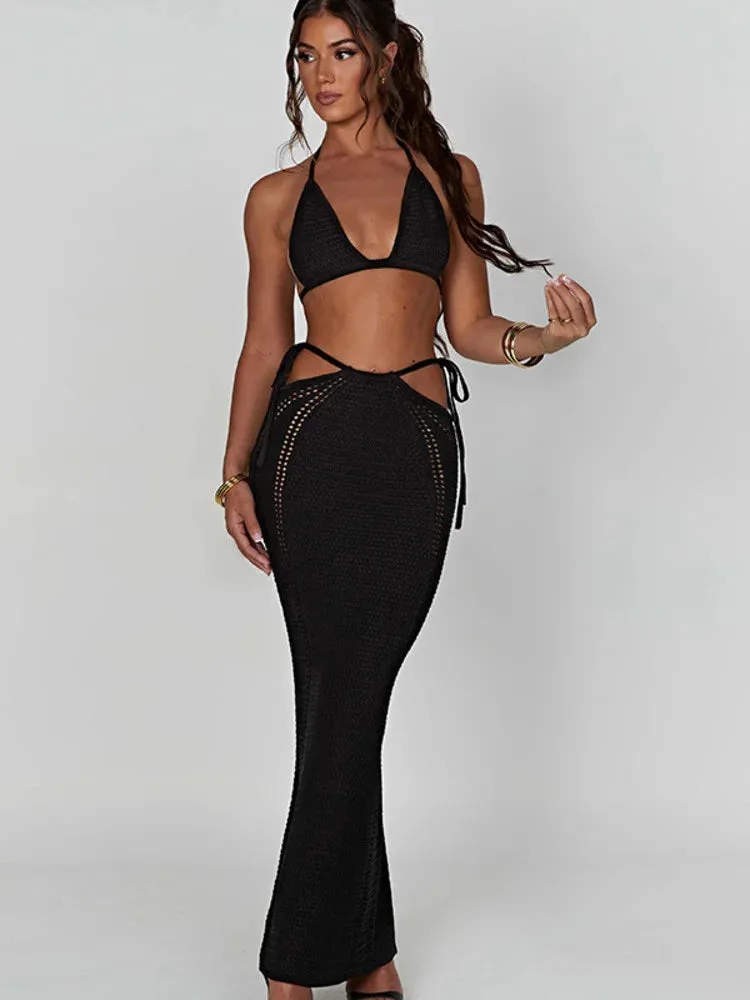 Amozae Hollow Out Knit Dress Set Women Lace-up Crop Top And Long Skirt Matching Sets Female Sexy Club Party Two Piece Set