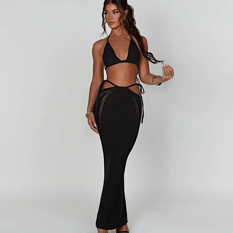 Amozae Hollow Out Knit Dress Set Women Lace-up Crop Top And Long Skirt Matching Sets Female Sexy Club Party Two Piece Set