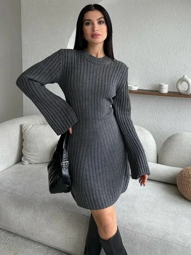 Amozae Knit Ribbed Fashion Dress Female High Waist Loose Vintage Patchwork Elegant Commute Party Dress Knitwear Ladies MIni Dress