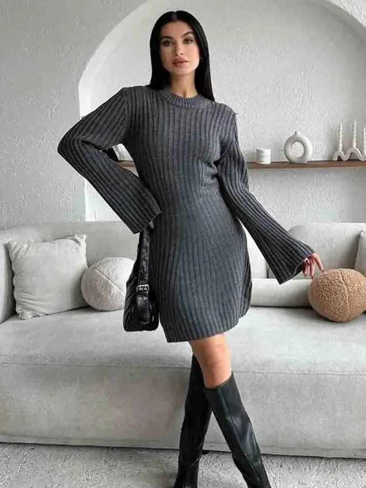 Amozae Knit Ribbed Fashion Dress Female High Waist Loose Vintage Patchwork Elegant Commute Party Dress Knitwear Ladies MIni Dress