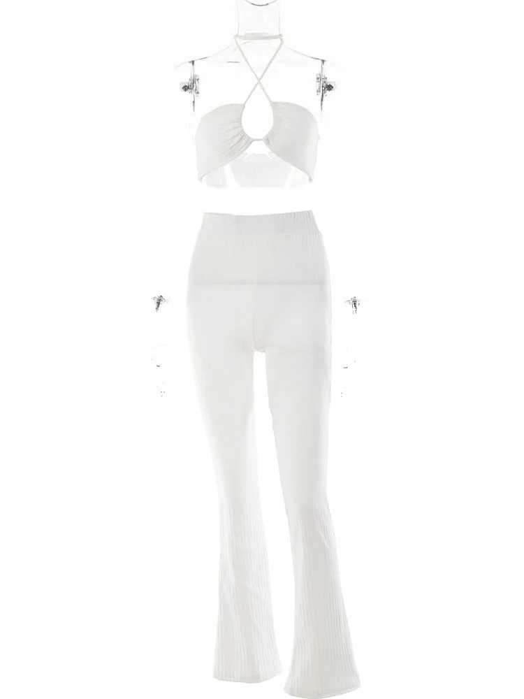 Amozae- Knit Ribbed Two Piece Set For Women   Halter Corset Tank Tops And Straight Pants Sets White Hollow Out Trouser Set