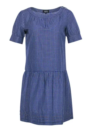 A.P.C. - Blue & Gold Grid Print Short Sleeve Drop Waist Dress Sz S