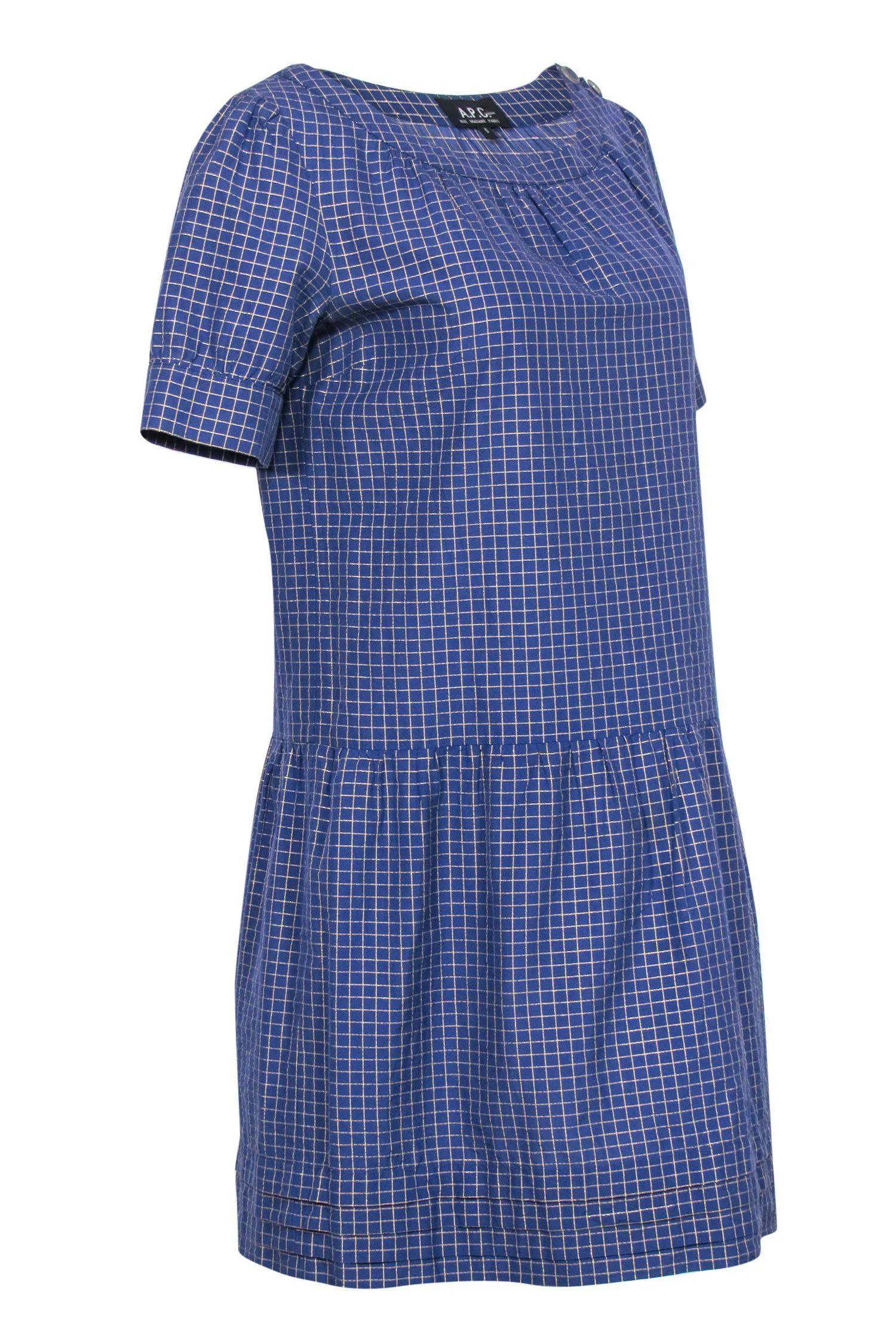 A.P.C. - Blue & Gold Grid Print Short Sleeve Drop Waist Dress Sz S