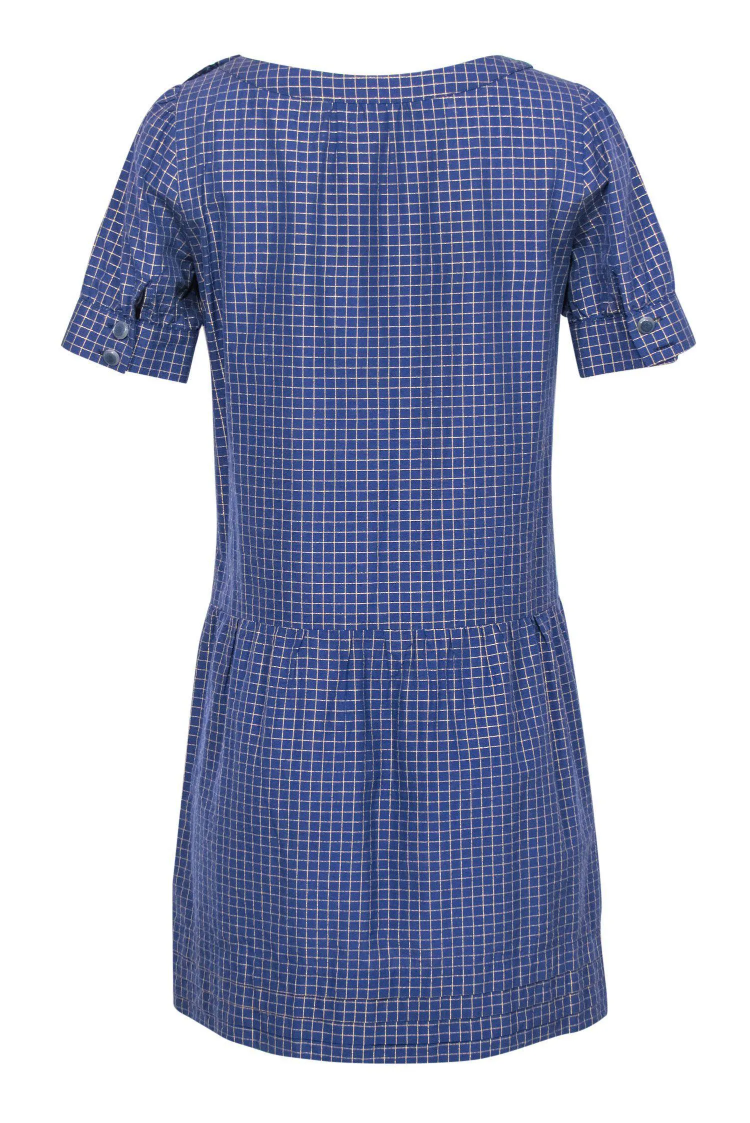 A.P.C. - Blue & Gold Grid Print Short Sleeve Drop Waist Dress Sz S