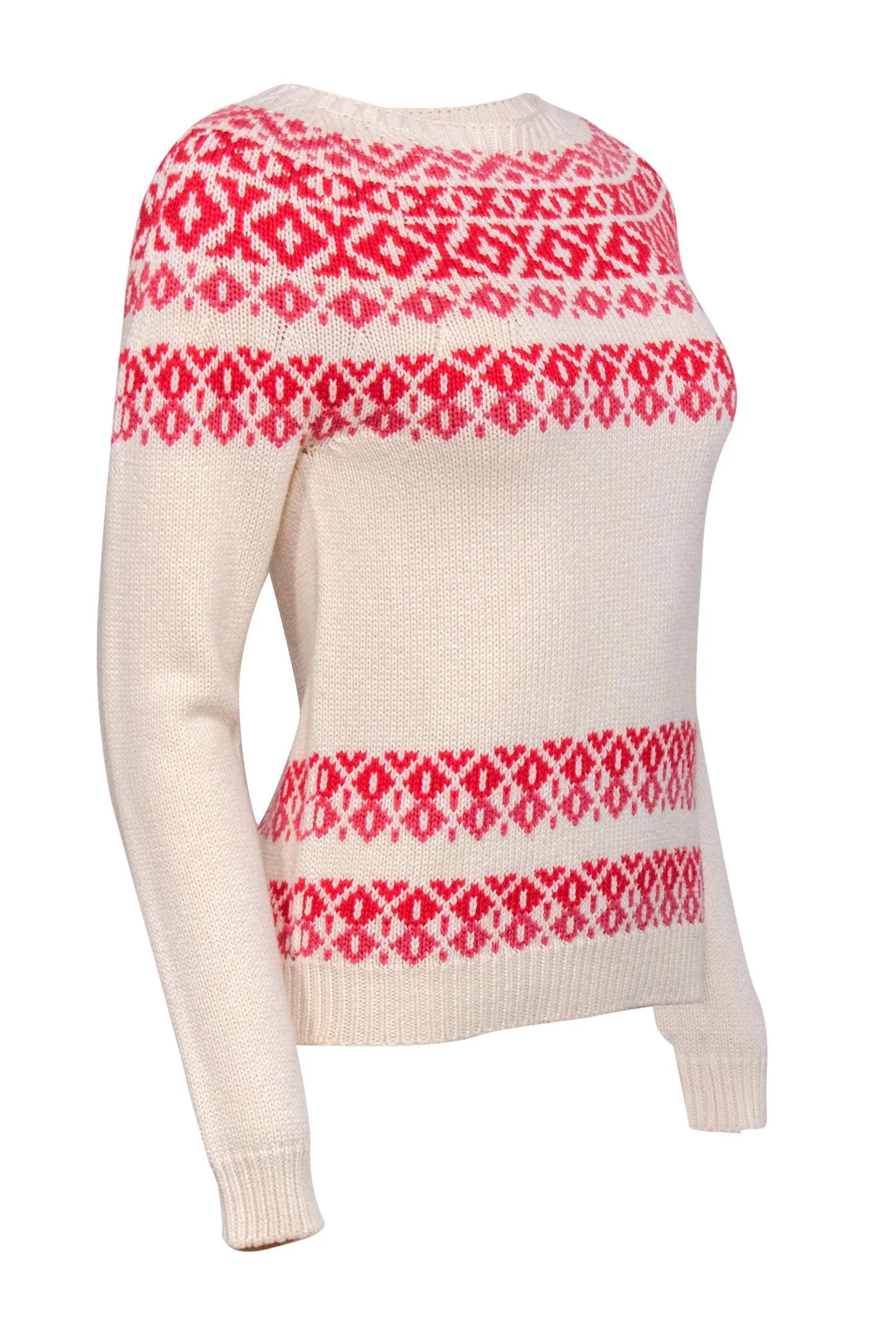 A.P.C. - Ivory, Pink & Red Fair Isle Merino Wool & Cotton Sweater Sz XS