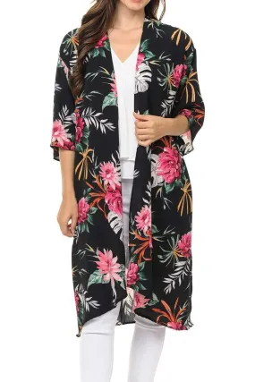 Auliné Collection Womens USA Made Casual Cover Up Cape Gown Robe Cardigan Kimono, Tropical Floral