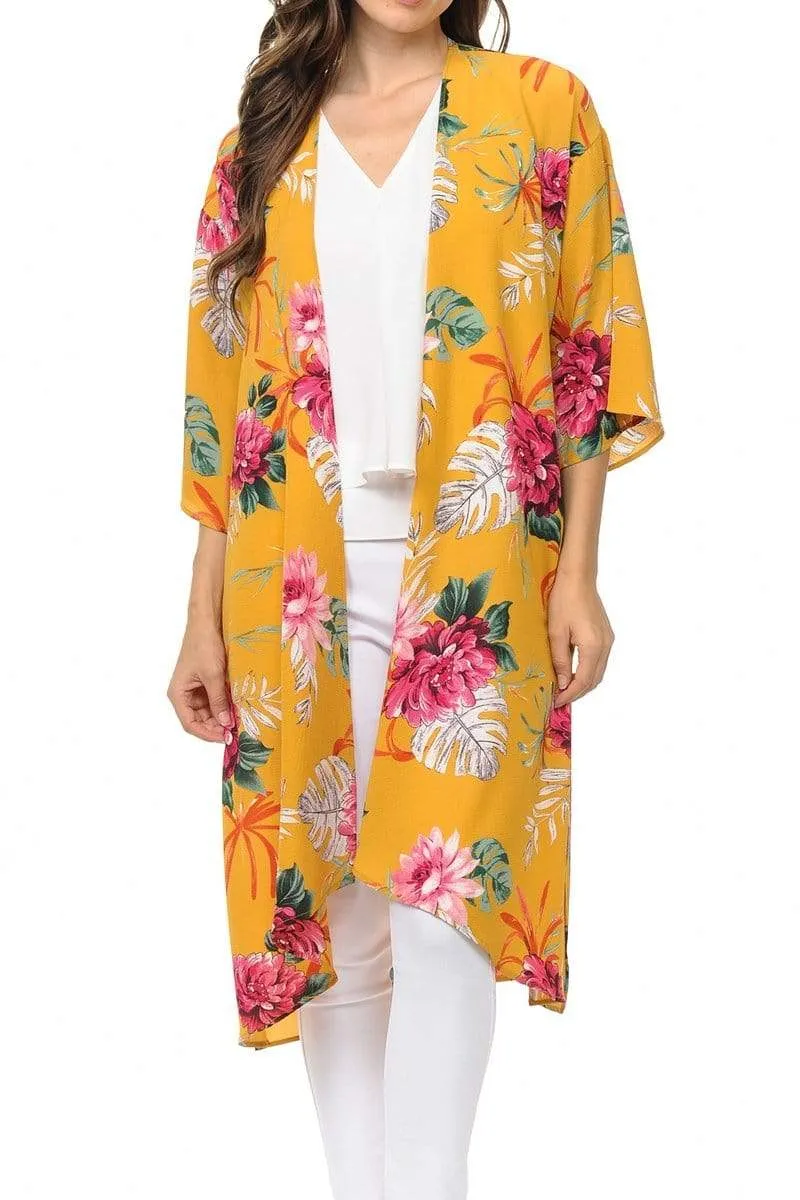 Auliné Collection Womens USA Made Casual Cover Up Cape Gown Robe Cardigan Kimono, Tropical Floral