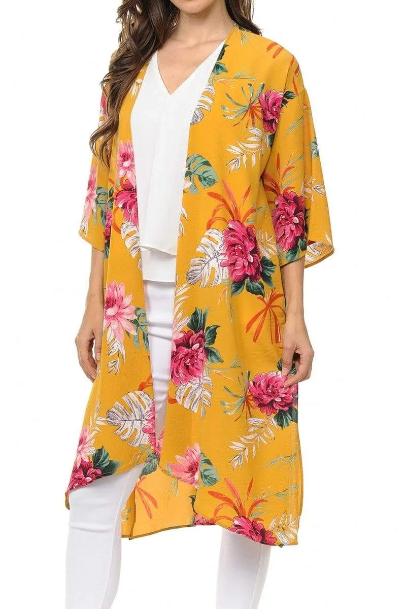 Auliné Collection Womens USA Made Casual Cover Up Cape Gown Robe Cardigan Kimono, Tropical Floral