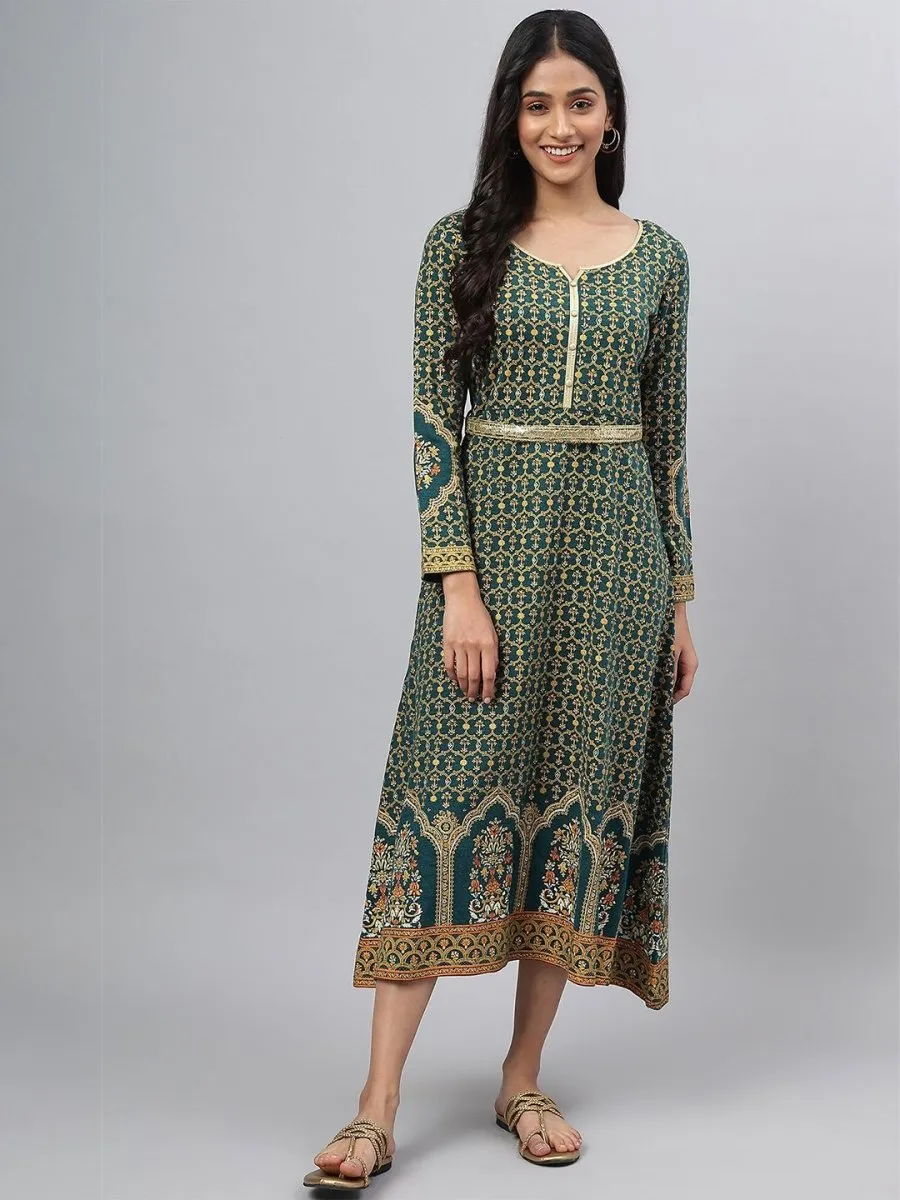 AURELIA Green Ethnic Motifs Ethnic A-Line Midi Dress