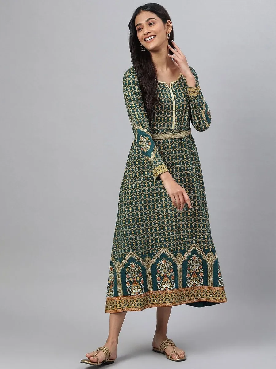 AURELIA Green Ethnic Motifs Ethnic A-Line Midi Dress