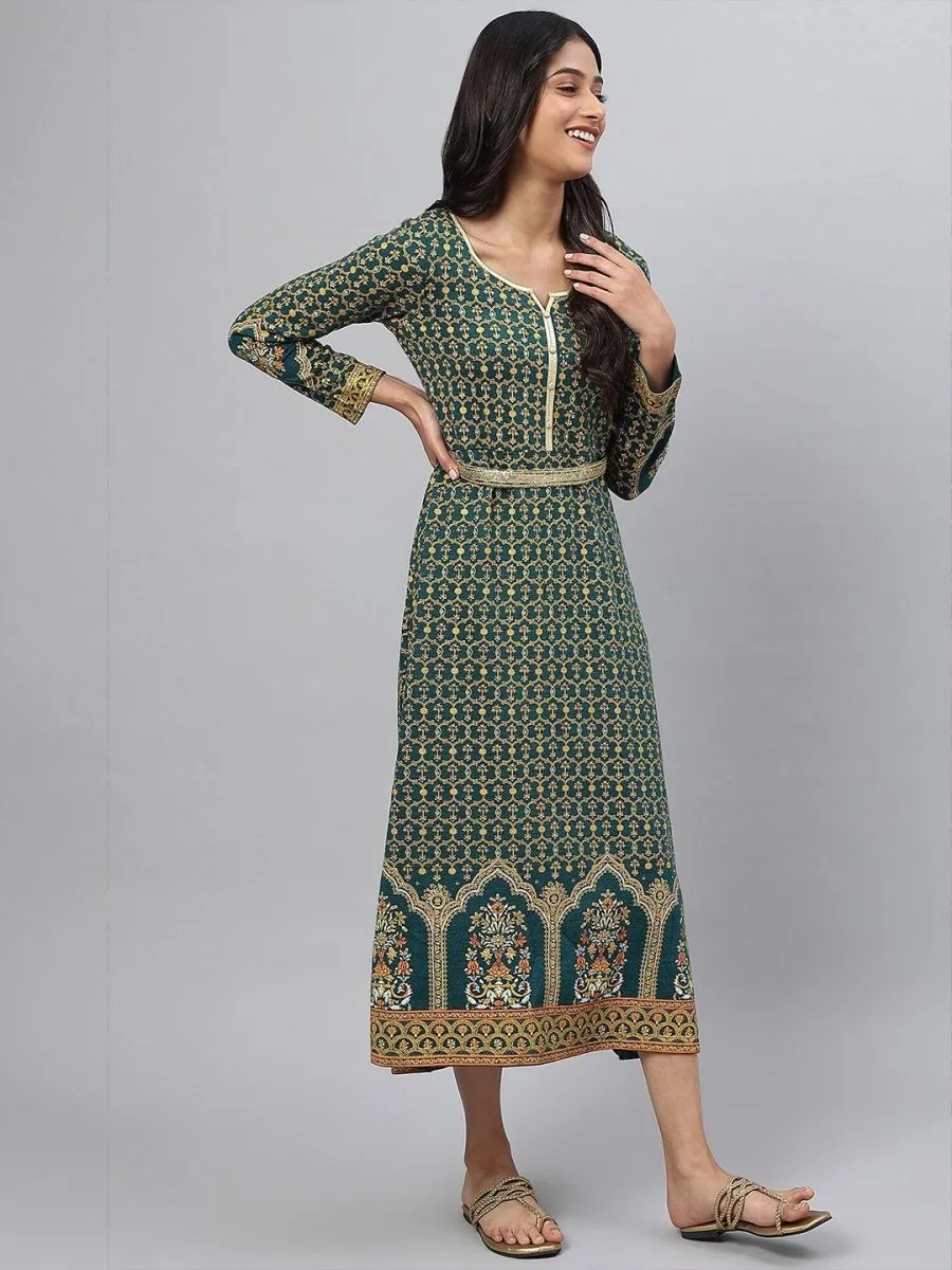 AURELIA Green Ethnic Motifs Ethnic A-Line Midi Dress