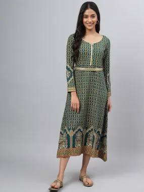 AURELIA Green Ethnic Motifs Ethnic A-Line Midi Dress