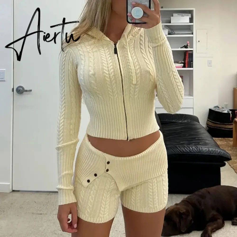 Autumn Vintage Kink Knitted 2 Piece Set Women Zipper Cropped Cardigans Jacket Coat   Slim Fit Shorts Female Hooded Outfits