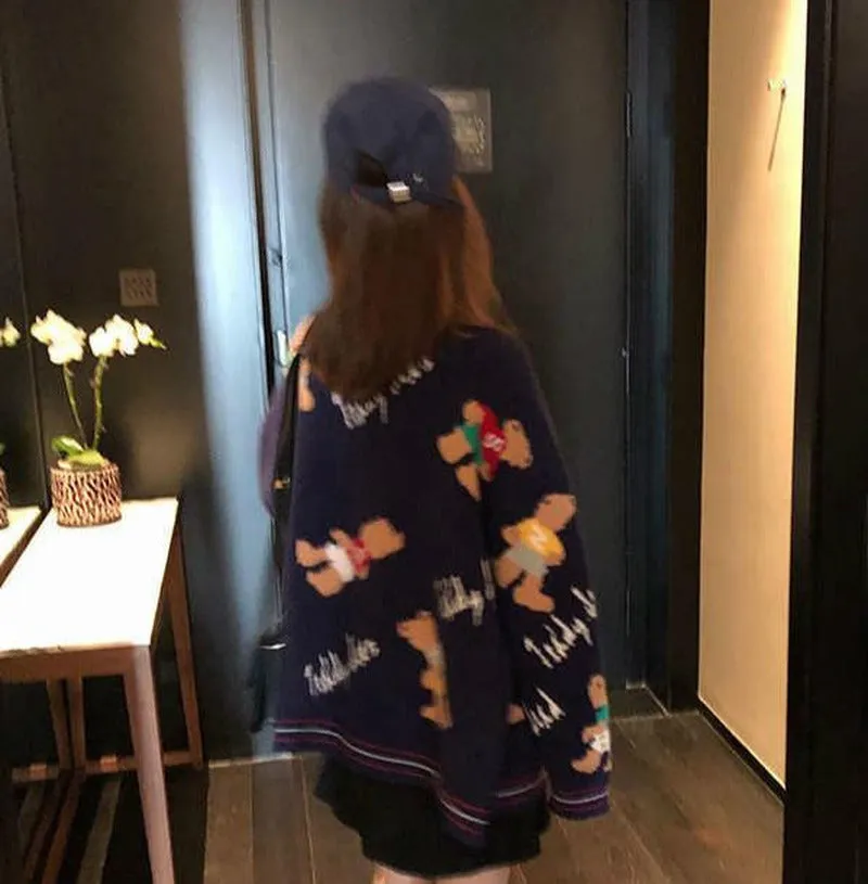 Autumn Winter V-Neck Sweater Knitwear Jacket loose fit Warm Cardigan Teddy Bear Print Outfit Coat