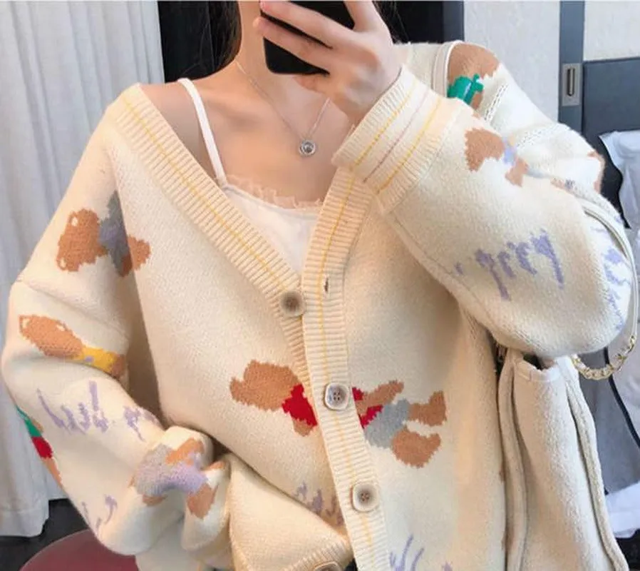 Autumn Winter V-Neck Sweater Knitwear Jacket loose fit Warm Cardigan Teddy Bear Print Outfit Coat